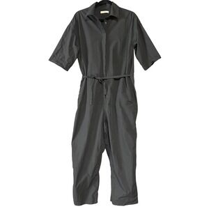Co Jumpsuit Womens Small Gray Cotton Nylon Half Sleeve Belted Cropped Leg